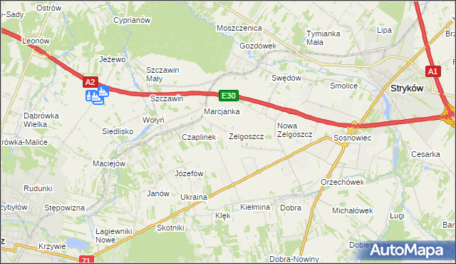 mapa Zelgoszcz gmina Stryków, Zelgoszcz gmina Stryków na mapie Targeo