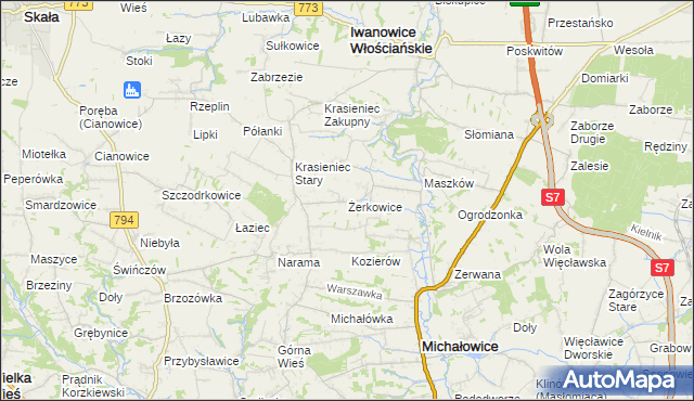 mapa Żerkowice gmina Iwanowice, Żerkowice gmina Iwanowice na mapie Targeo