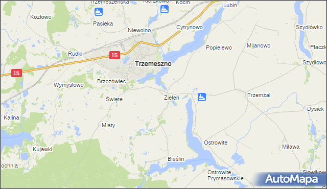 mapa Zieleń gmina Trzemeszno, Zieleń gmina Trzemeszno na mapie Targeo