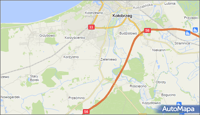 mapa Zieleniewo gmina Kołobrzeg, Zieleniewo gmina Kołobrzeg na mapie Targeo