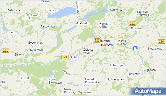 mapa Zielona Wieś gmina Nowa Karczma, Zielona Wieś gmina Nowa Karczma na mapie Targeo