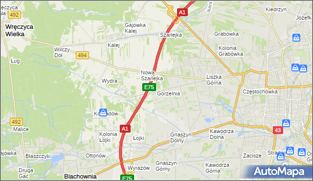 mapa Gorzelnia gmina Blachownia, Gorzelnia gmina Blachownia na mapie Targeo