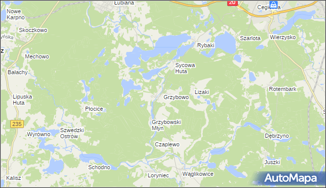 mapa Grzybowo gmina Kościerzyna, Grzybowo gmina Kościerzyna na mapie Targeo