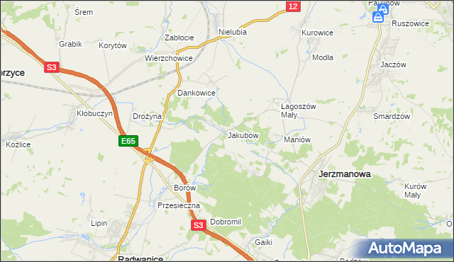 mapa Jakubów gmina Radwanice, Jakubów gmina Radwanice na mapie Targeo