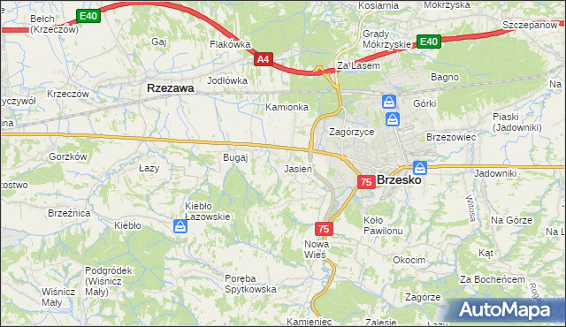 mapa Jasień gmina Brzesko, Jasień gmina Brzesko na mapie Targeo