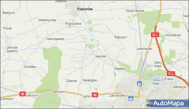 mapa Jaskółki gmina Raszków, Jaskółki gmina Raszków na mapie Targeo