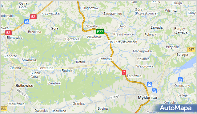 mapa Jawornik gmina Myślenice, Jawornik gmina Myślenice na mapie Targeo