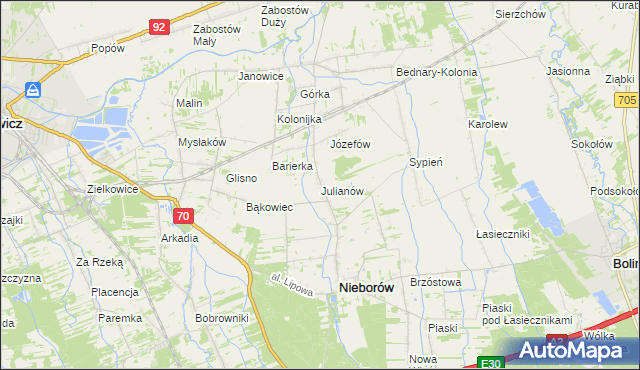 mapa Julianów gmina Nieborów, Julianów gmina Nieborów na mapie Targeo