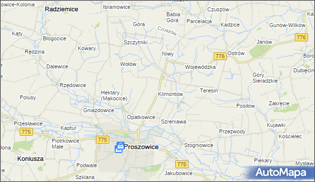 mapa Klimontów gmina Proszowice, Klimontów gmina Proszowice na mapie Targeo