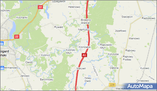 mapa Klonówka gmina Starogard Gdański, Klonówka gmina Starogard Gdański na mapie Targeo