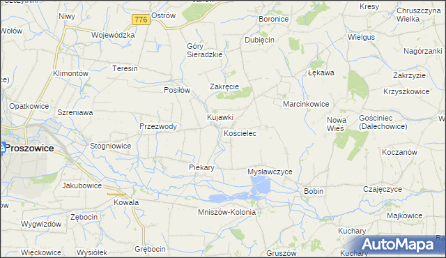 mapa Kościelec gmina Proszowice, Kościelec gmina Proszowice na mapie Targeo