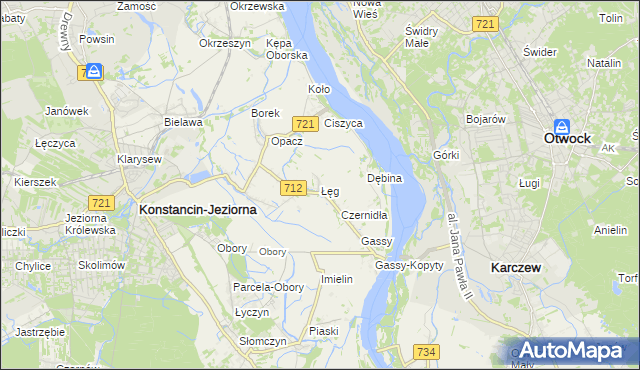 mapa Łęg gmina Konstancin-Jeziorna, Łęg gmina Konstancin-Jeziorna na mapie Targeo