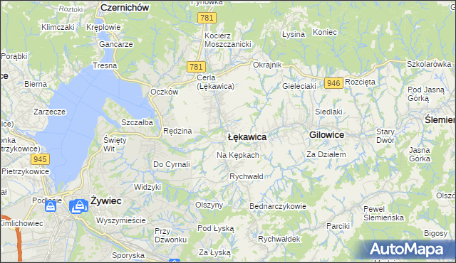 mapa Łękawica powiat żywiecki, Łękawica powiat żywiecki na mapie Targeo