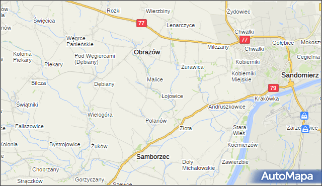 mapa Łojowice gmina Samborzec, Łojowice gmina Samborzec na mapie Targeo