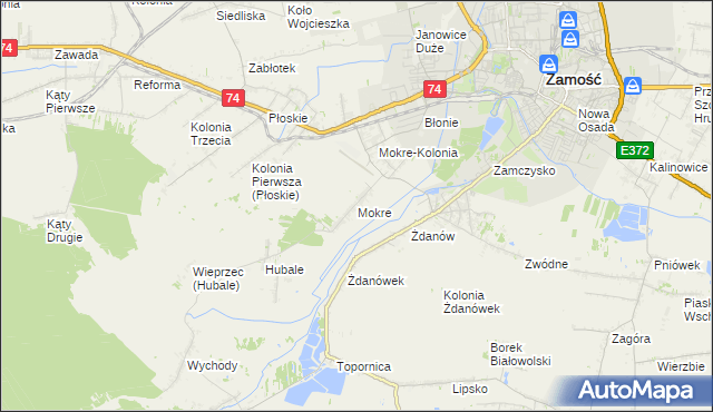 mapa Mokre gmina Zamość, Mokre gmina Zamość na mapie Targeo
