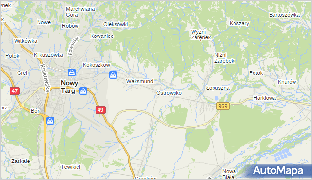 mapa Ostrowsko gmina Nowy Targ, Ostrowsko gmina Nowy Targ na mapie Targeo