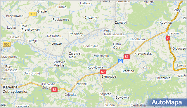 mapa Podchybie gmina Lanckorona, Podchybie gmina Lanckorona na mapie Targeo