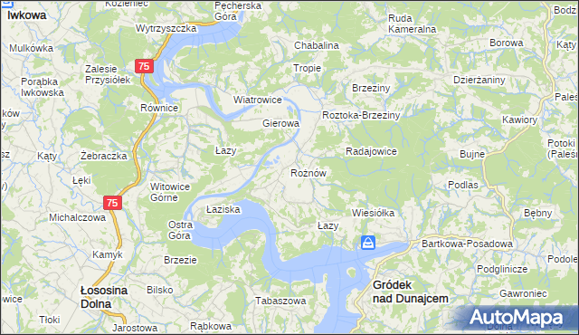 mapa Rożnów gmina Gródek nad Dunajcem, Rożnów gmina Gródek nad Dunajcem na mapie Targeo
