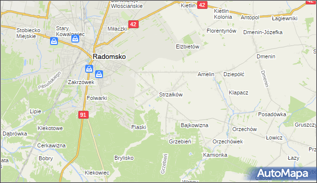 mapa Strzałków gmina Radomsko, Strzałków gmina Radomsko na mapie Targeo