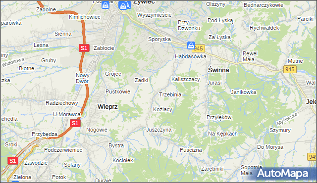 mapa Trzebinia gmina Świnna, Trzebinia gmina Świnna na mapie Targeo