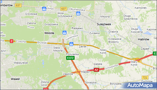 mapa Zakręt gmina Wiązowna, Zakręt gmina Wiązowna na mapie Targeo