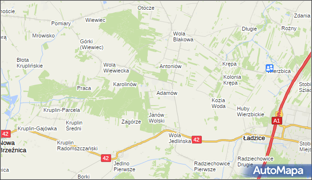 mapa Adamów gmina Ładzice, Adamów gmina Ładzice na mapie Targeo