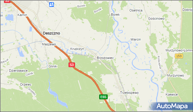 mapa Brzozowiec gmina Deszczno, Brzozowiec gmina Deszczno na mapie Targeo