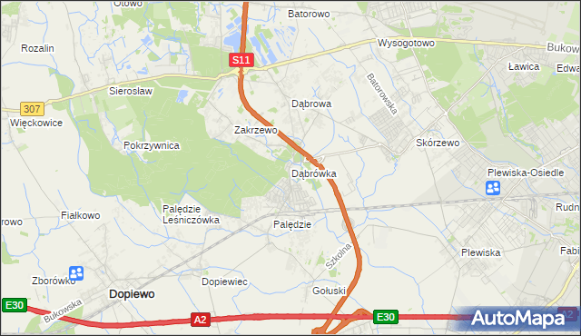 mapa Dąbrówka gmina Dopiewo, Dąbrówka gmina Dopiewo na mapie Targeo