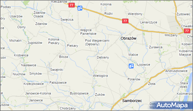 mapa Dębiany gmina Obrazów, Dębiany gmina Obrazów na mapie Targeo