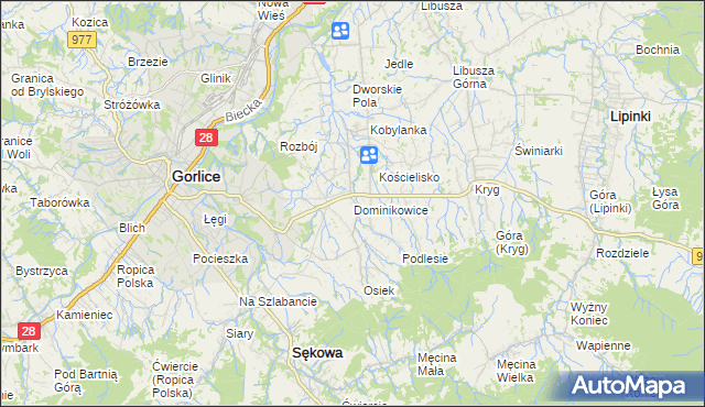 mapa Dominikowice gmina Gorlice, Dominikowice gmina Gorlice na mapie Targeo