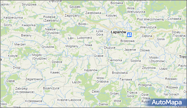 mapa Grabie gmina Łapanów, Grabie gmina Łapanów na mapie Targeo