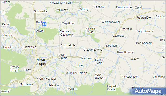 mapa Grzegorzowice gmina Waśniów, Grzegorzowice gmina Waśniów na mapie Targeo