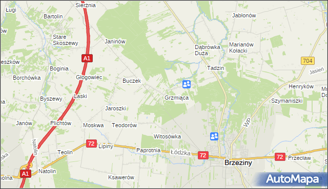 mapa Grzmiąca gmina Brzeziny, Grzmiąca gmina Brzeziny na mapie Targeo