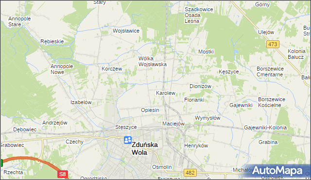 mapa Karolew gmina Zduńska Wola, Karolew gmina Zduńska Wola na mapie Targeo