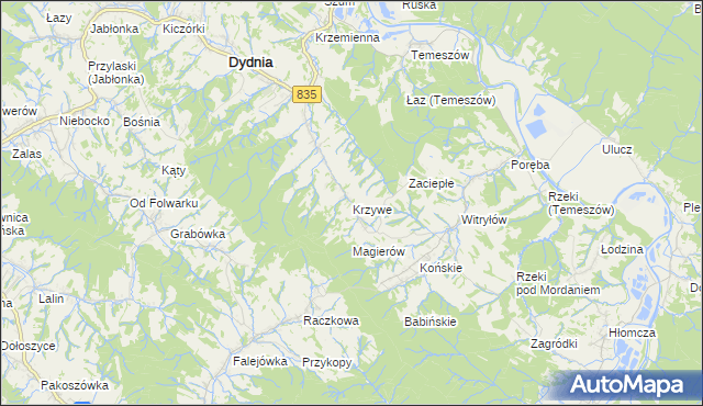 mapa Krzywe gmina Dydnia, Krzywe gmina Dydnia na mapie Targeo