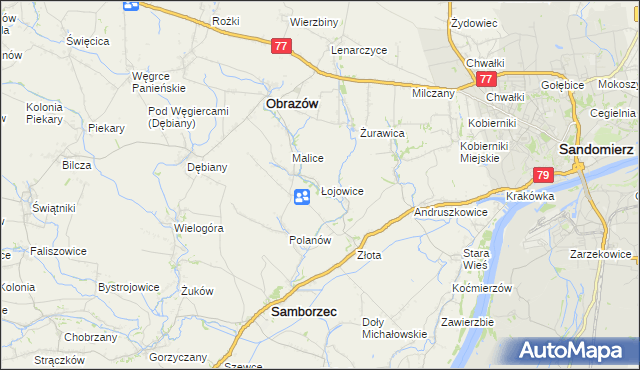 mapa Łojowice gmina Samborzec, Łojowice gmina Samborzec na mapie Targeo
