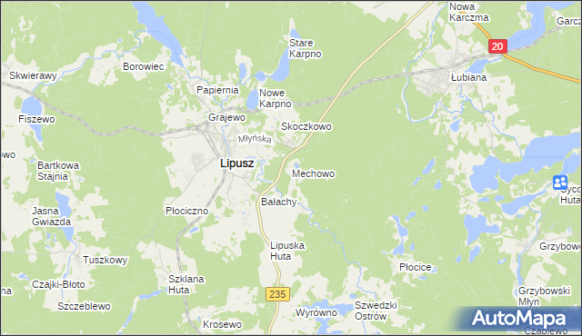 mapa Mechowo gmina Lipusz, Mechowo gmina Lipusz na mapie Targeo