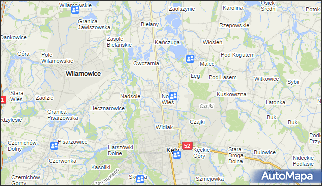 mapa Nowa Wieś gmina Kęty, Nowa Wieś gmina Kęty na mapie Targeo