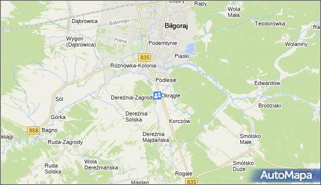 mapa Okrągłe gmina Biłgoraj, Okrągłe gmina Biłgoraj na mapie Targeo