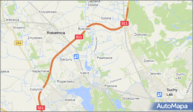 mapa Pawłowice gmina Rokietnica, Pawłowice gmina Rokietnica na mapie Targeo