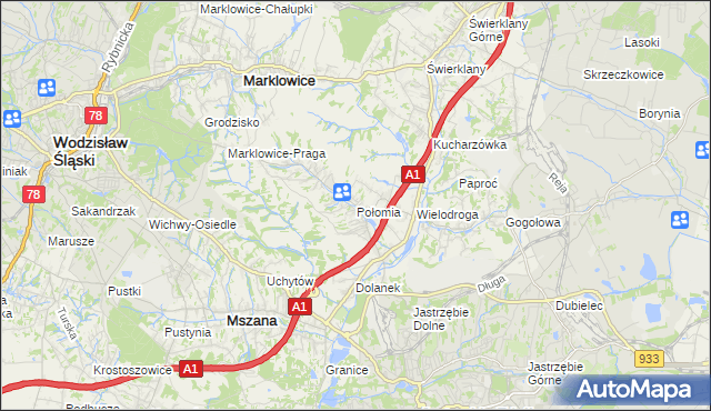 mapa Połomia gmina Mszana, Połomia gmina Mszana na mapie Targeo