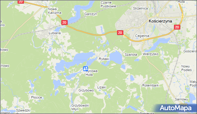 mapa Rybaki gmina Kościerzyna, Rybaki gmina Kościerzyna na mapie Targeo