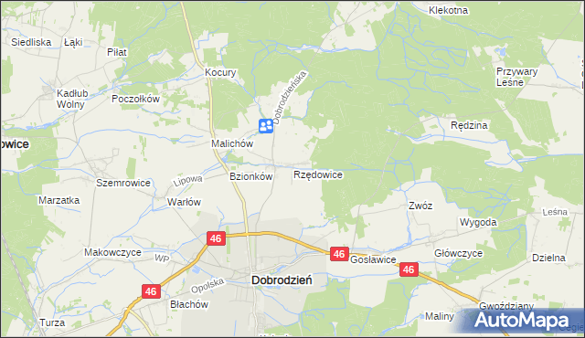 mapa Rzędowice gmina Dobrodzień, Rzędowice gmina Dobrodzień na mapie Targeo