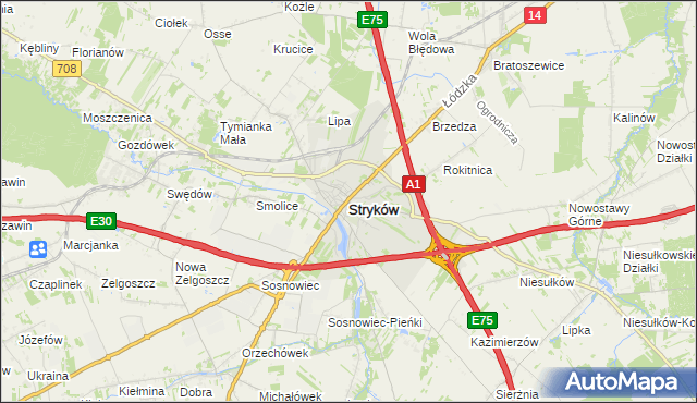 mapa Stryków powiat zgierski, Stryków powiat zgierski na mapie Targeo