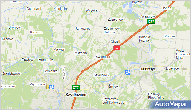 mapa Świerczek gmina Szydłowiec, Świerczek gmina Szydłowiec na mapie Targeo