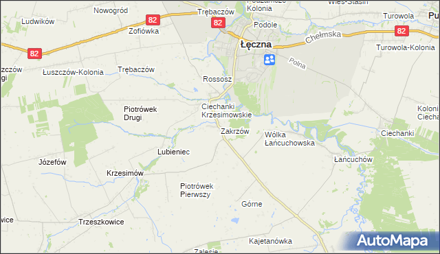 mapa Zakrzów gmina Łęczna, Zakrzów gmina Łęczna na mapie Targeo