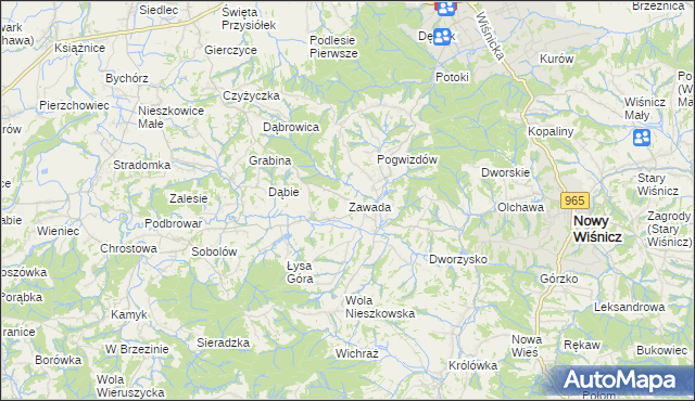 mapa Zawada gmina Bochnia, Zawada gmina Bochnia na mapie Targeo