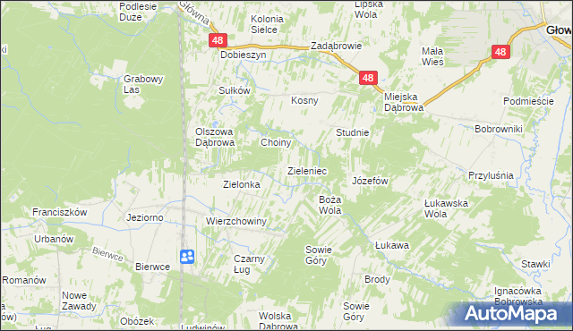 mapa Zieleniec gmina Głowaczów, Zieleniec gmina Głowaczów na mapie Targeo