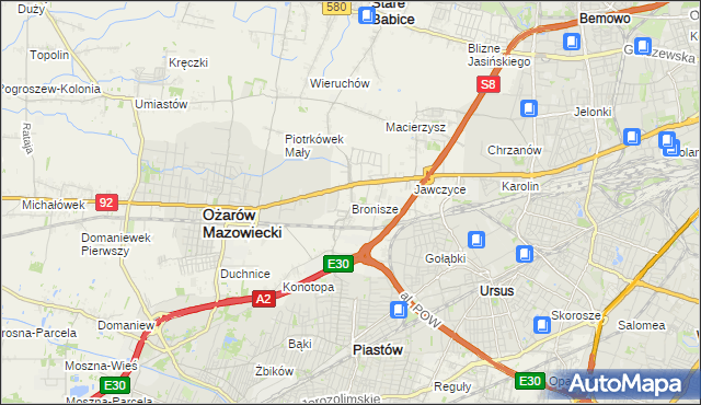 mapa Bronisze gmina Ożarów Mazowiecki, Bronisze gmina Ożarów Mazowiecki na mapie Targeo