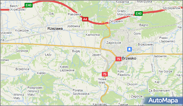 mapa Jasień gmina Brzesko, Jasień gmina Brzesko na mapie Targeo